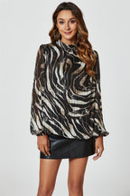 Silver Thread Zebra Print Long Sleeve Blouse Top In Black