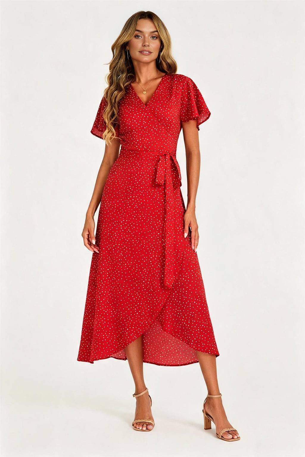 Polka Dot Print Wrap Dress In Red