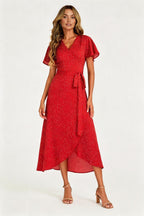 Polka Dot Print Wrap Dress In Red