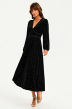 Silver Foil Velvet Lace Trim Neckline Midi Dress In Black