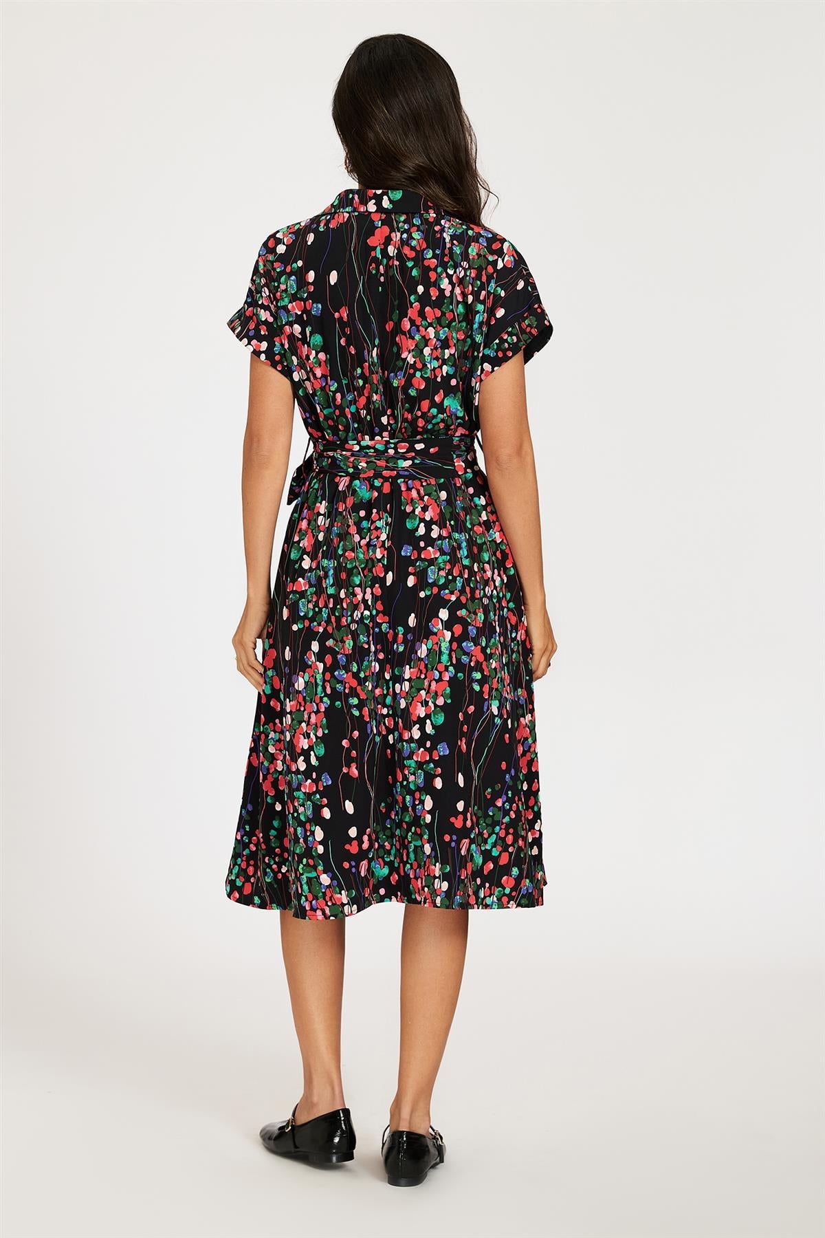 Black Floral Shirt Midi Dress with Tie Waist and Short Sleeves