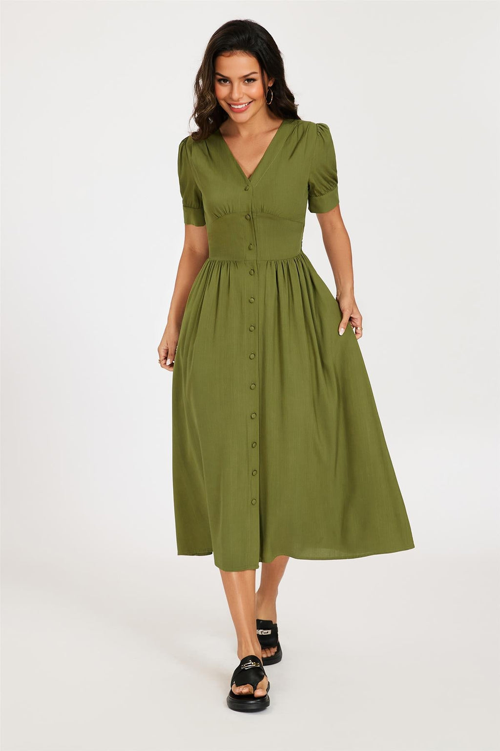 Button Front Short Sleeve Midi Dress In Khaki Green