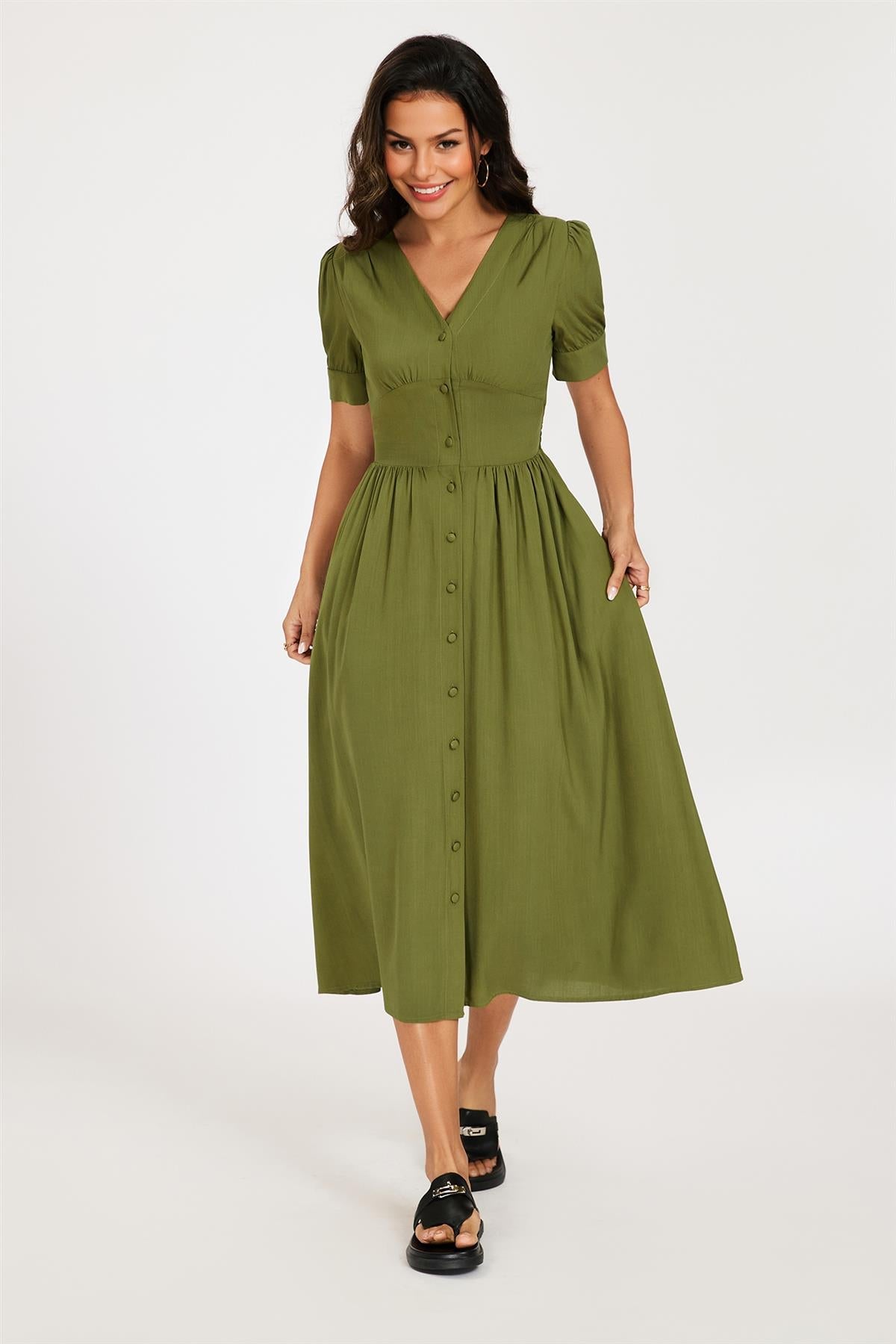 Button Front Short Sleeve Midi Dress In Khaki Green