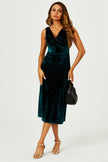 Robe midi vert émeraude en velours scintillant argenté avec nœud sur le devant