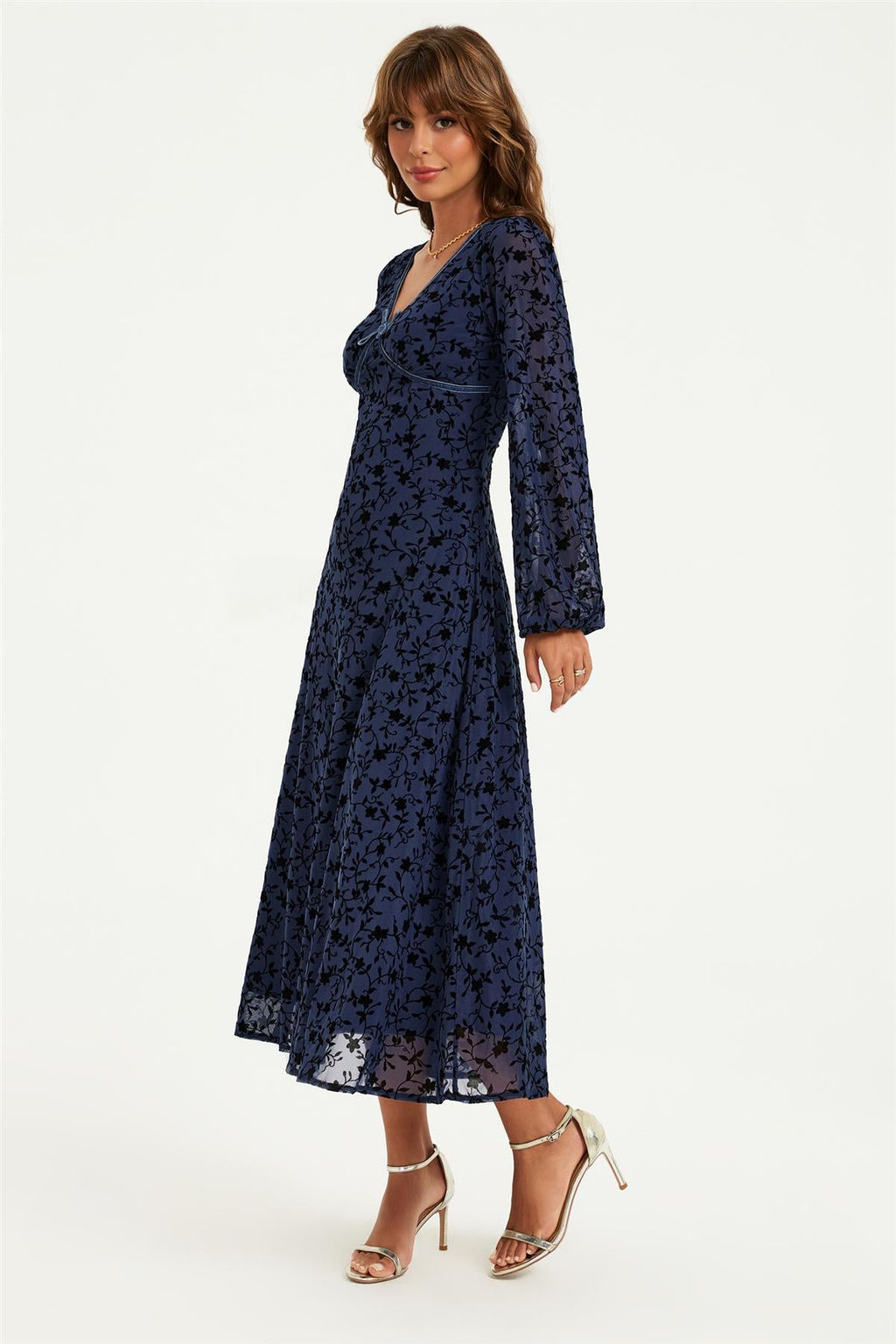 Floral Velvet Devore V Neckline Midi Dress In Navy