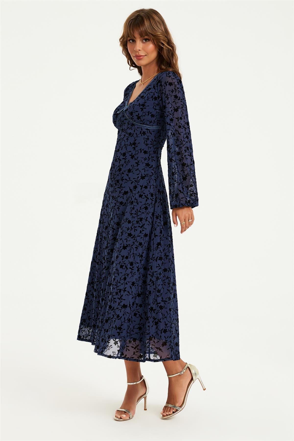 Floral Velvet Devore V Neckline Midi Dress In Navy