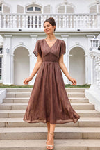 Angel Sleeve Gold Stripe Foil Midi Dress In Brown