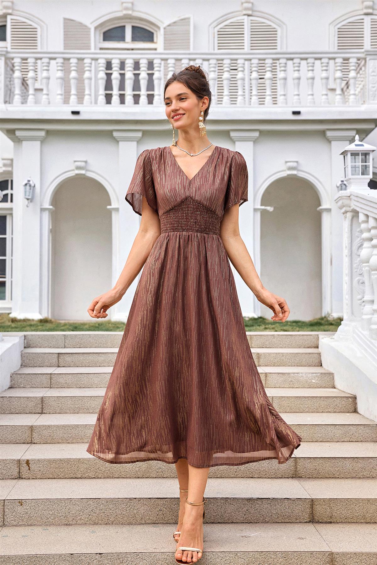 Angel Sleeve Gold Stripe Foil Midi Dress In Brown