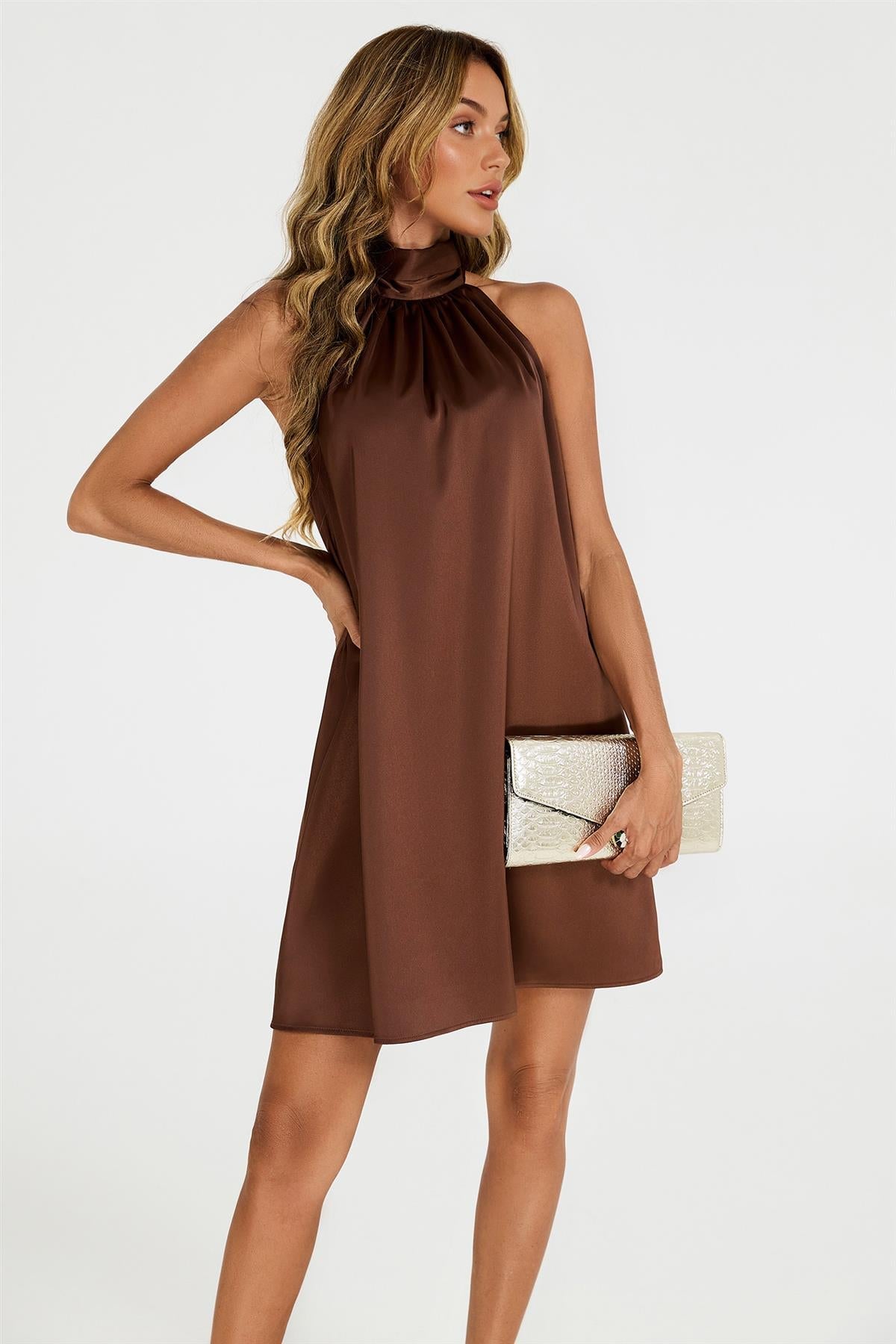 Satin Halter Neck Tie Back Mini Dress In Brown