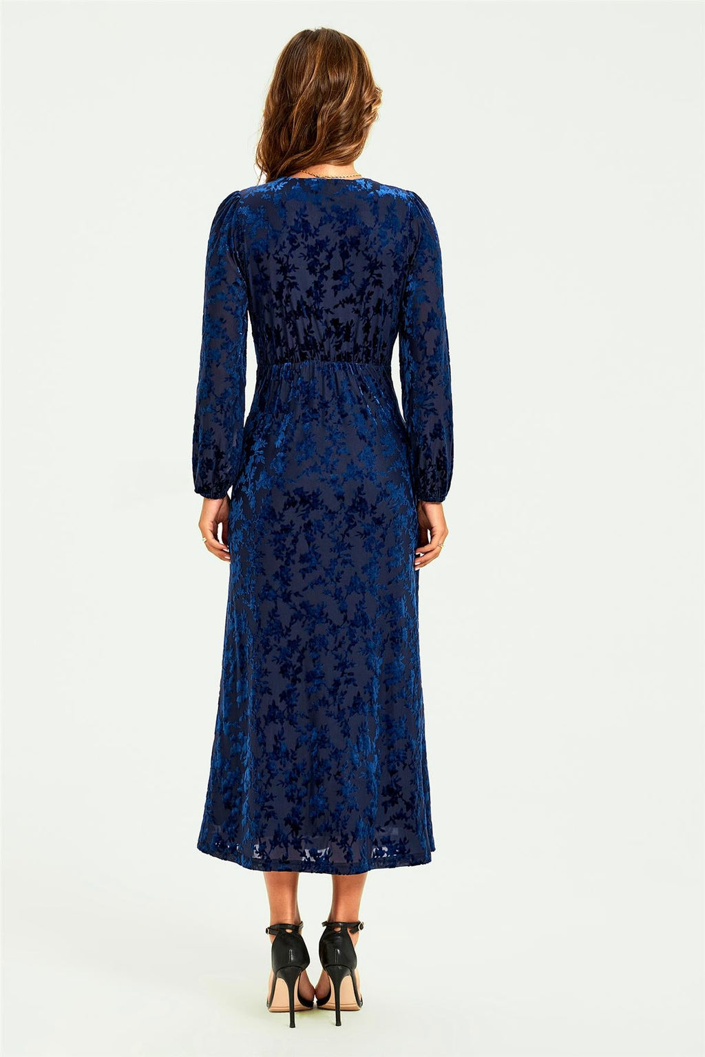 Floral Velvet Devore Lace Trim Neckline Midi Dress In Navy