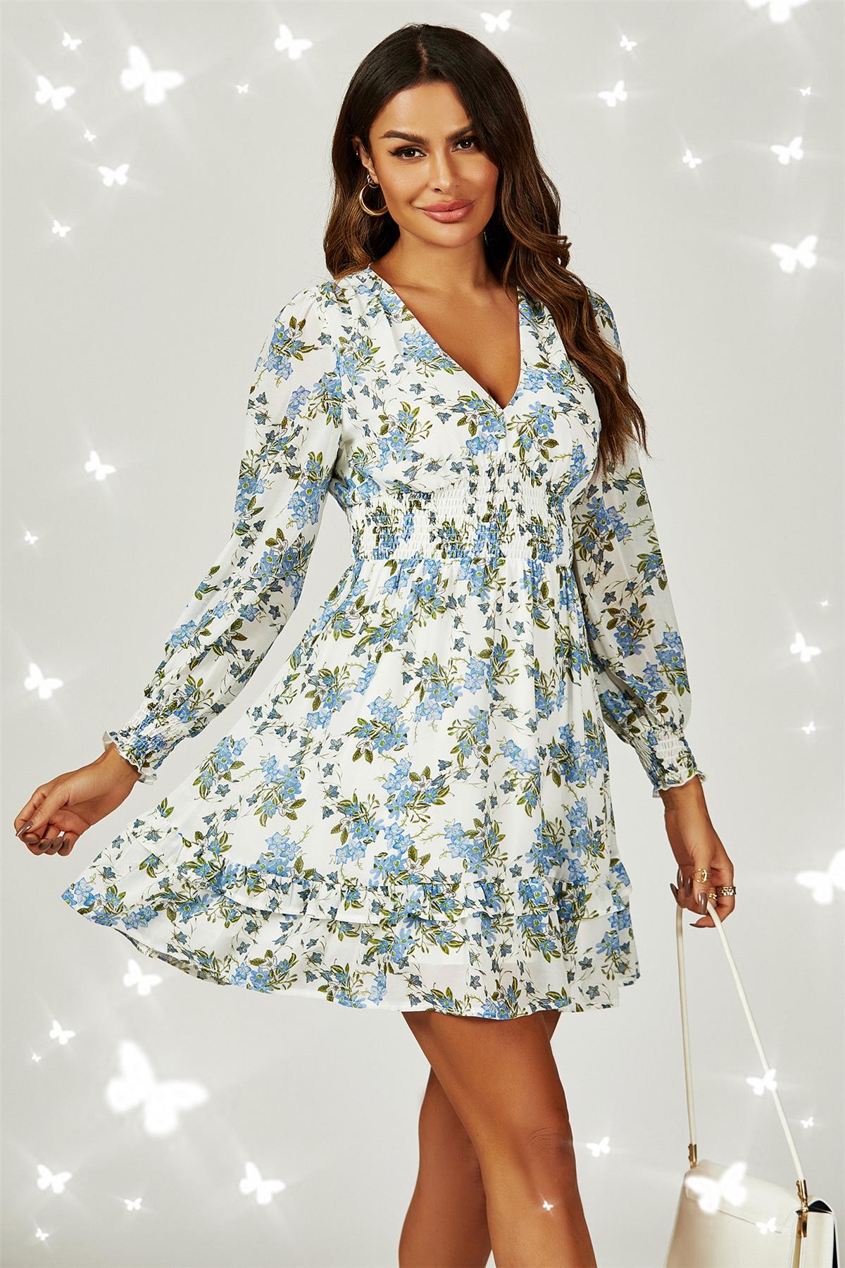 Floral Print ruffle Hem long sleeve Mini Dress In White