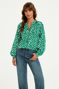 Brushstroke Print long sleeve Blouse Top In Green
