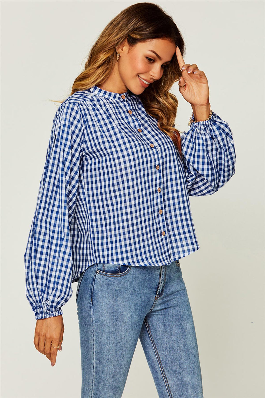 Gingham Print Band Collar Blouse Top In Blue