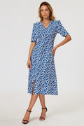 Floral Print Button Front Midi Dress In Blue