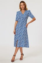 Floral Print Button Front Midi Dress In Blue
