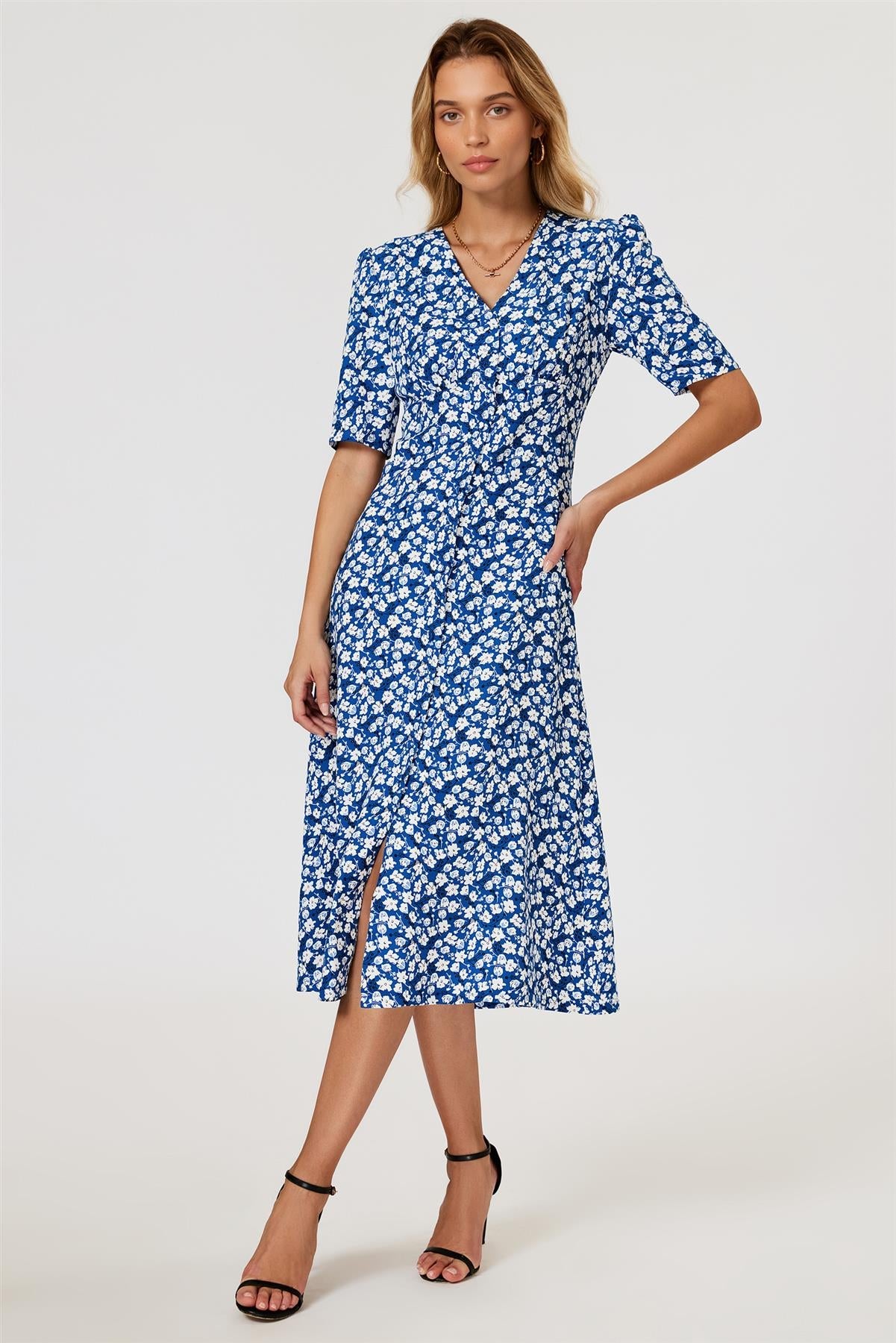 Floral Print Button Front Midi Dress In Blue