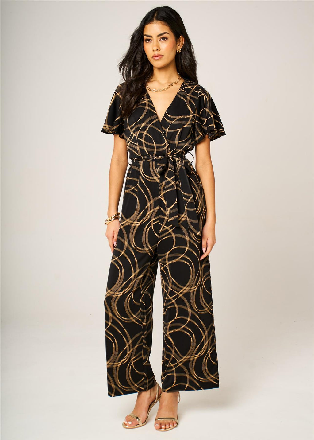 Abstract Line Print Wrap Top Jumpsuit In Black