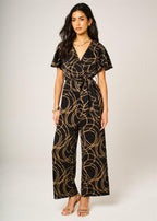 Abstract Line Print Wrap Top Jumpsuit In Black
