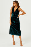 Robe midi vert émeraude en velours scintillant argenté avec nœud sur le devant