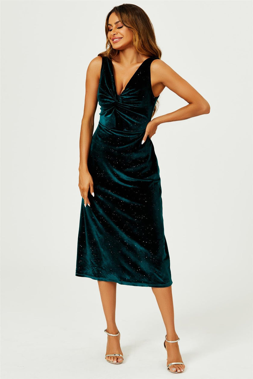 Robe midi vert émeraude en velours scintillant argenté avec nœud sur le devant