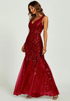 Sequin Leaf Detailed V Neck Bridesmaid Maxi Dress In Wine