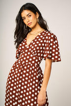Dot Print Angel Sleeve V Neck Frill Hem Midi Dress In Brown