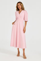 Half Sleeves Jersey Midi Dress with Wrap Neckline In Dusty Blush