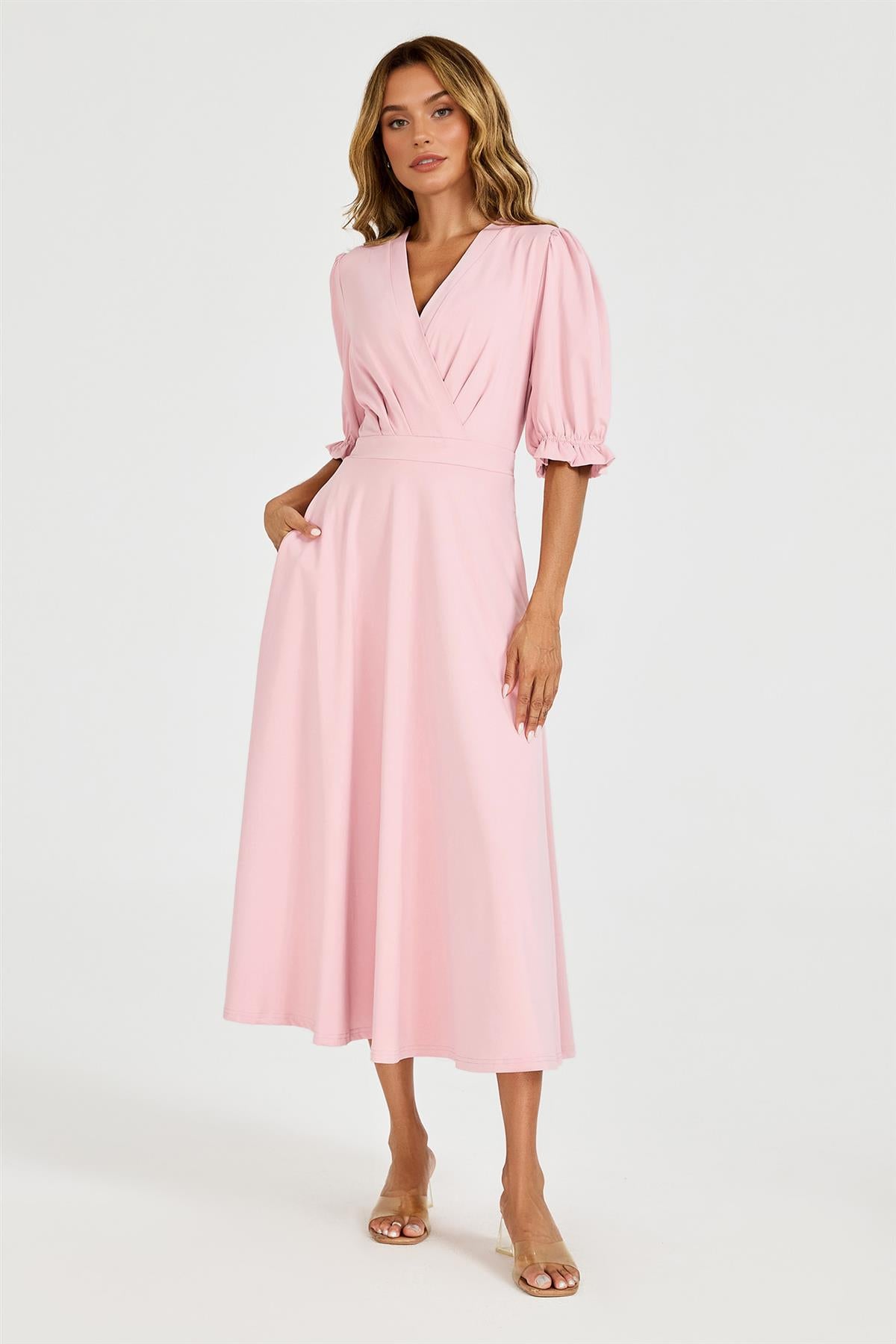 Half Sleeves Jersey Midi Dress with Wrap Neckline In Dusty Blush