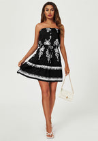 Printed Broderie Strapless Mini Dress In Black