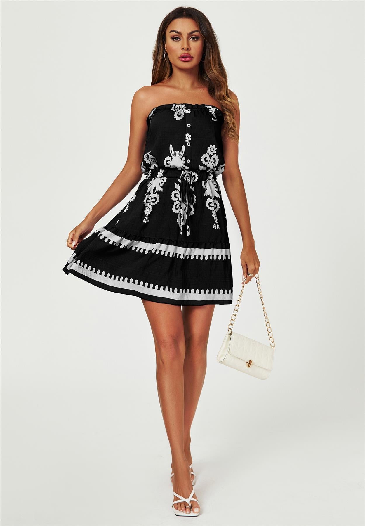 Printed Broderie Strapless Mini Dress In Black