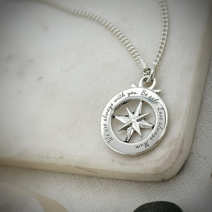 Travel Safe Outline Compass Large St Christopher Silver Necklace