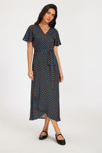 Brown & Blue Polka Dot Print Wrap Maxi Dress