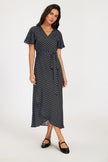 Brown & Blue Polka Dot Print Wrap Maxi Dress
