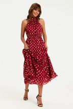 Gold Foil Halter Neck Tie Back Midi Dress In Wine