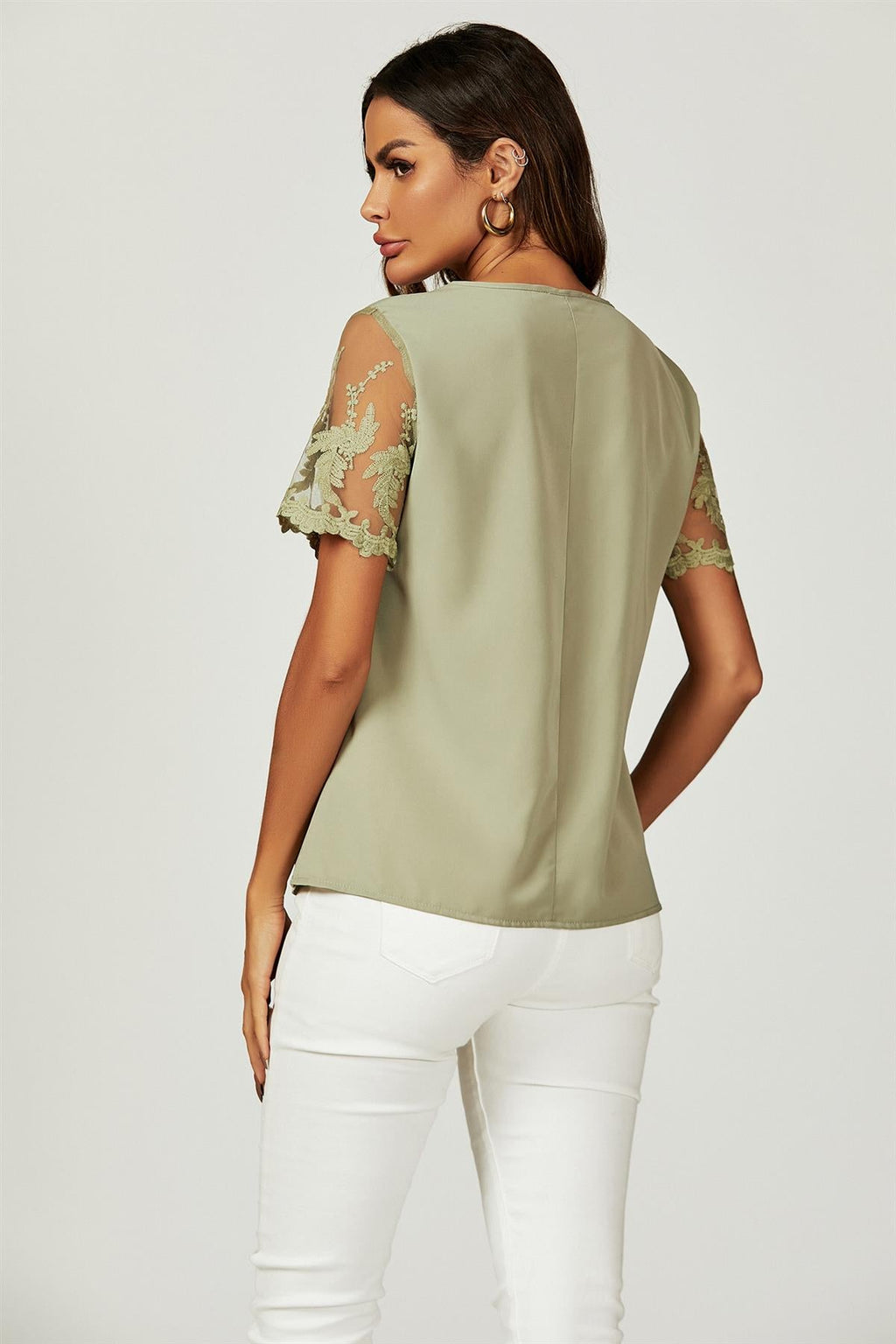Lace Short Sleeve v Neck Blouse Top In Olive