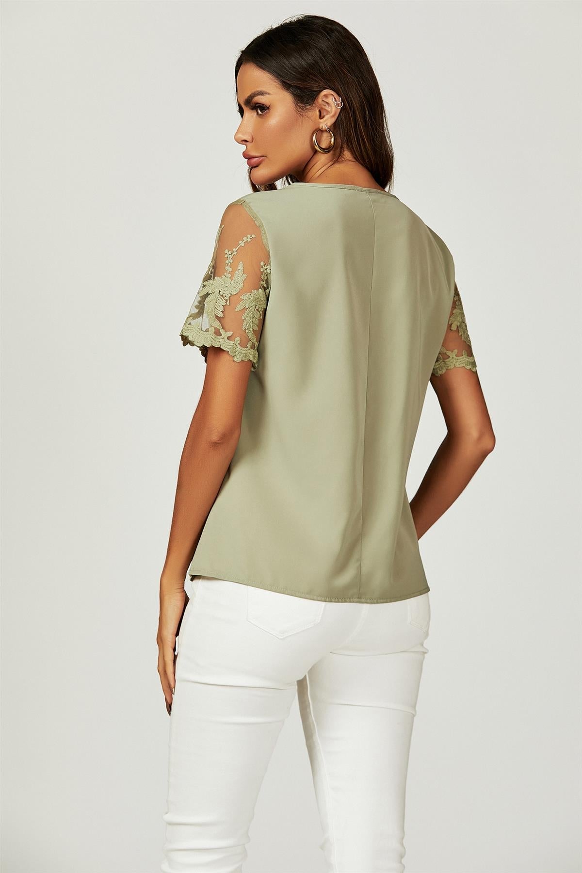 Lace Short Sleeve v Neck Blouse Top In Olive