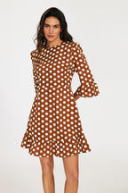 Polka Dot Print Frill Detail Mini Dress In Brown