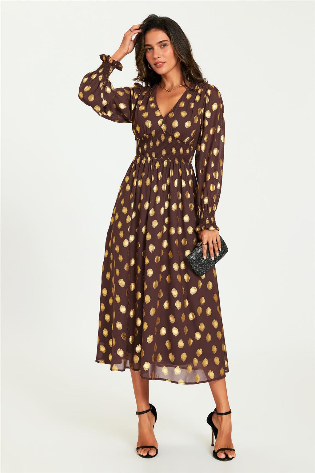 Gold Foil Long Sleeve Maxi Dress In Brown