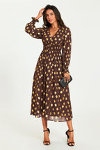 Gold Foil Long Sleeve Maxi Dress In Brown
