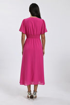 Fuchsia V Neckline Shirred Waist Midi Dress