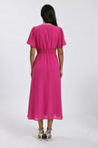 Fuchsia V Neckline Shirred Waist Midi Dress