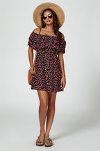 Floral Print Bardot Frill Mini Dress In Black