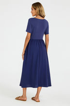 Short Sleeve Jersey Bodice Midi Dress with Pockets In Navy