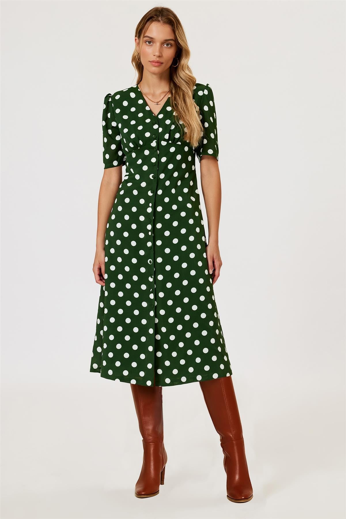 Polka Dot Print Button Front Midi Dress In Green
