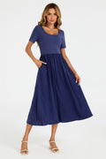 Short Sleeve Jersey Bodice Midi Dress with Pockets In Navy