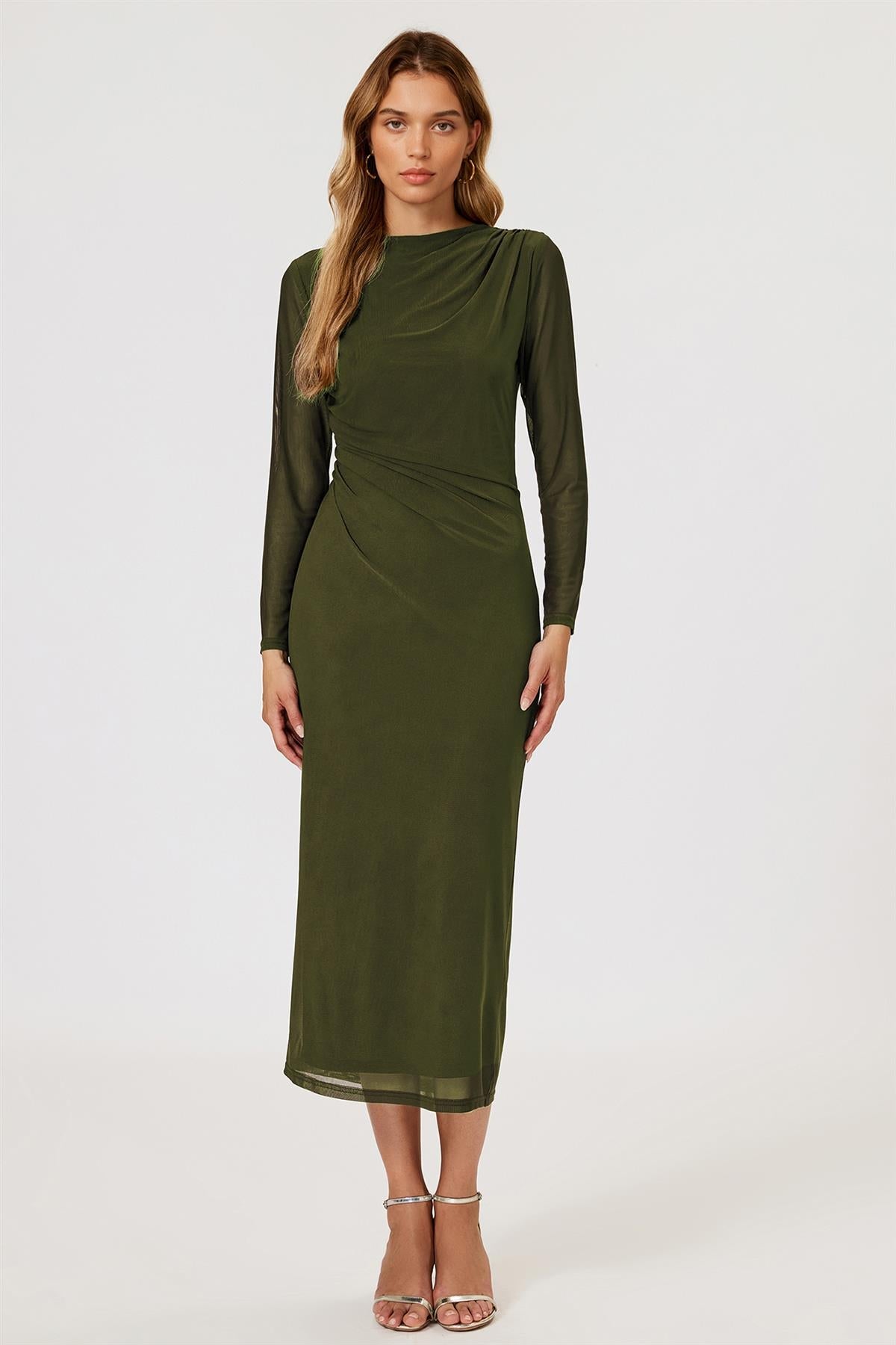 Long Sleeves Mesh Midi Dress In Olive