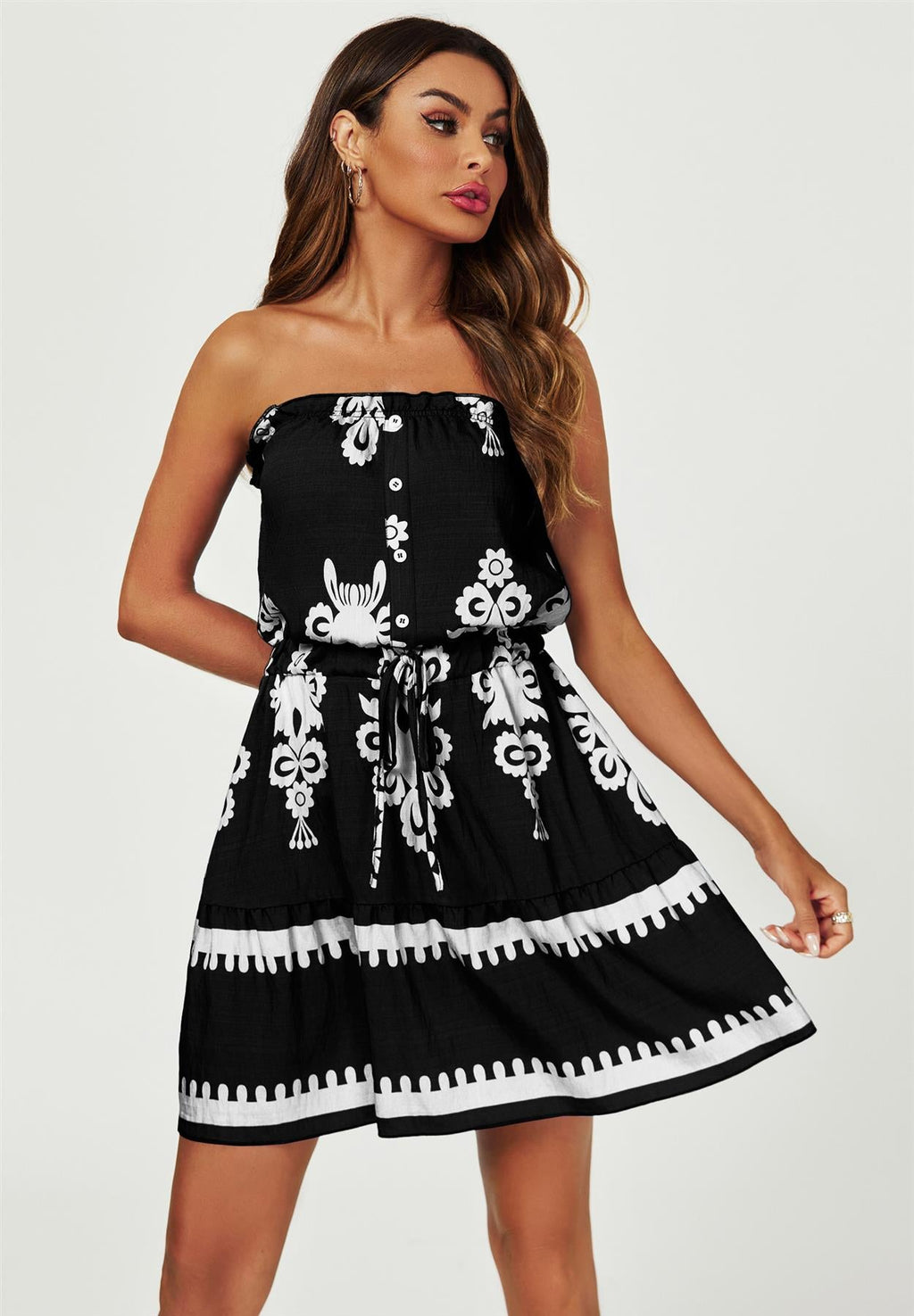 Printed Broderie Strapless Mini Dress In Black