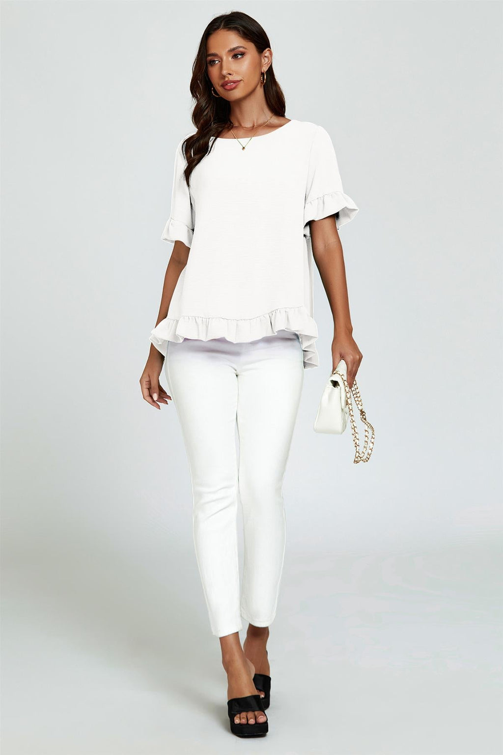 Frill Detail Short Sleeves Top In White