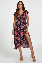 Pink Floral Frill Sleeve Midi Wrap Dress In Black