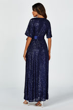 Wrap Style Sequin Maxi Dress In Navy